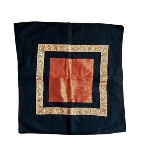 Black Brocade Accent Cushion Cover with Red/Gold Fabric Appliqué